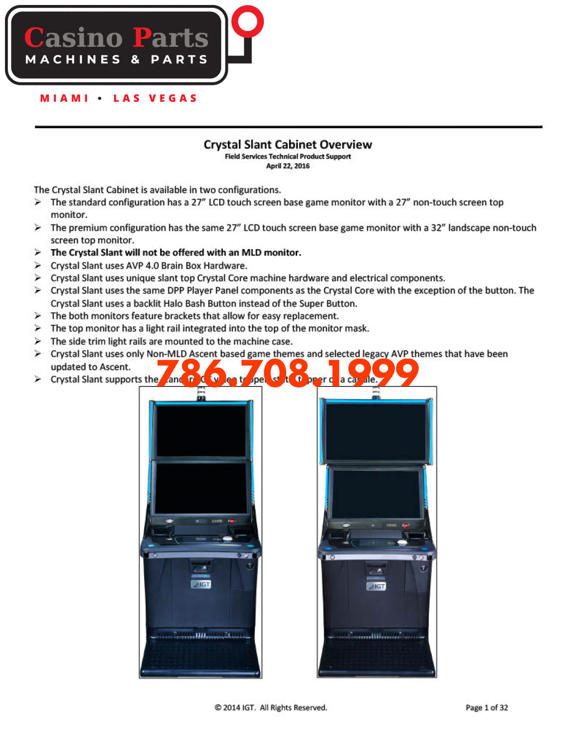 IGT Crystal Slant 27’’ & 27/32 Cabinet Overview Manuals (Digital Download)