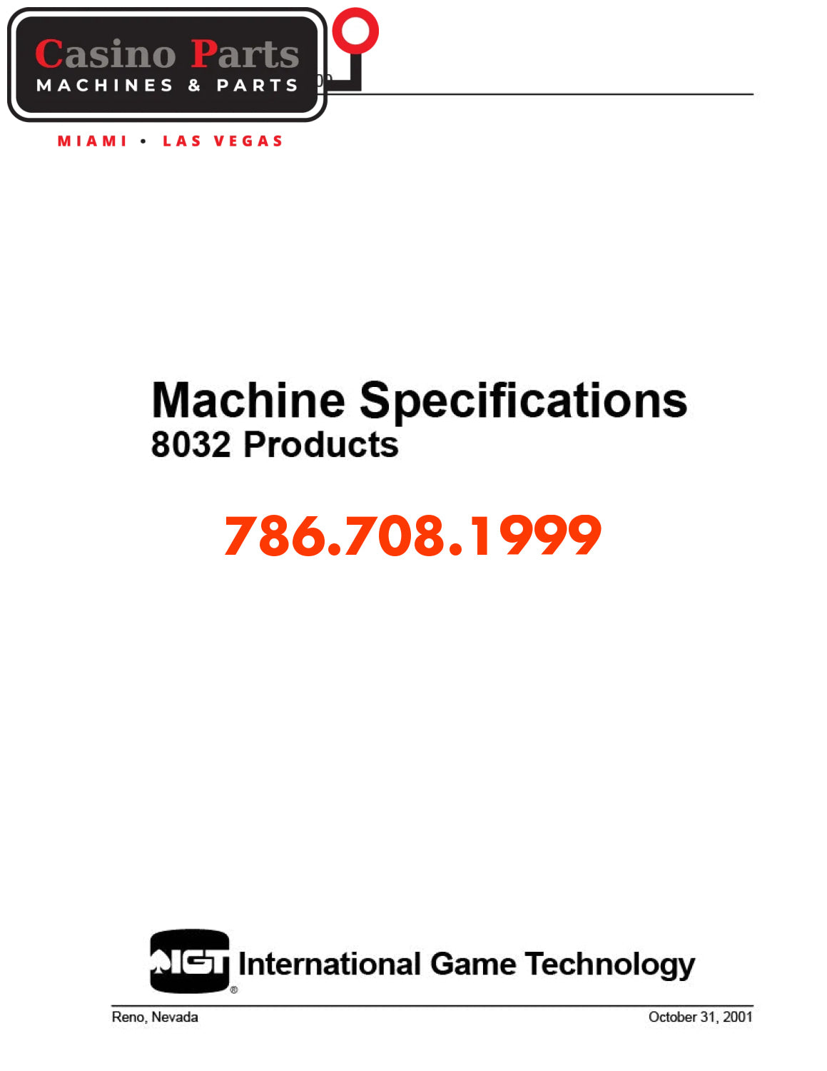 IGT Machine Specifications-8032 Products Manuals (Digital Download)